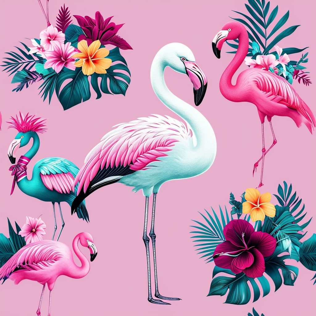 Vibrant Tropical Flamingo and Flower Seamless Pattern Design