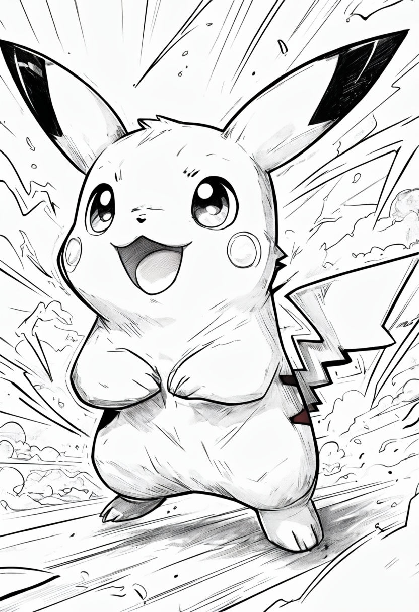 Dynamic Pikachu Sketch Coloring Book Page Illustration