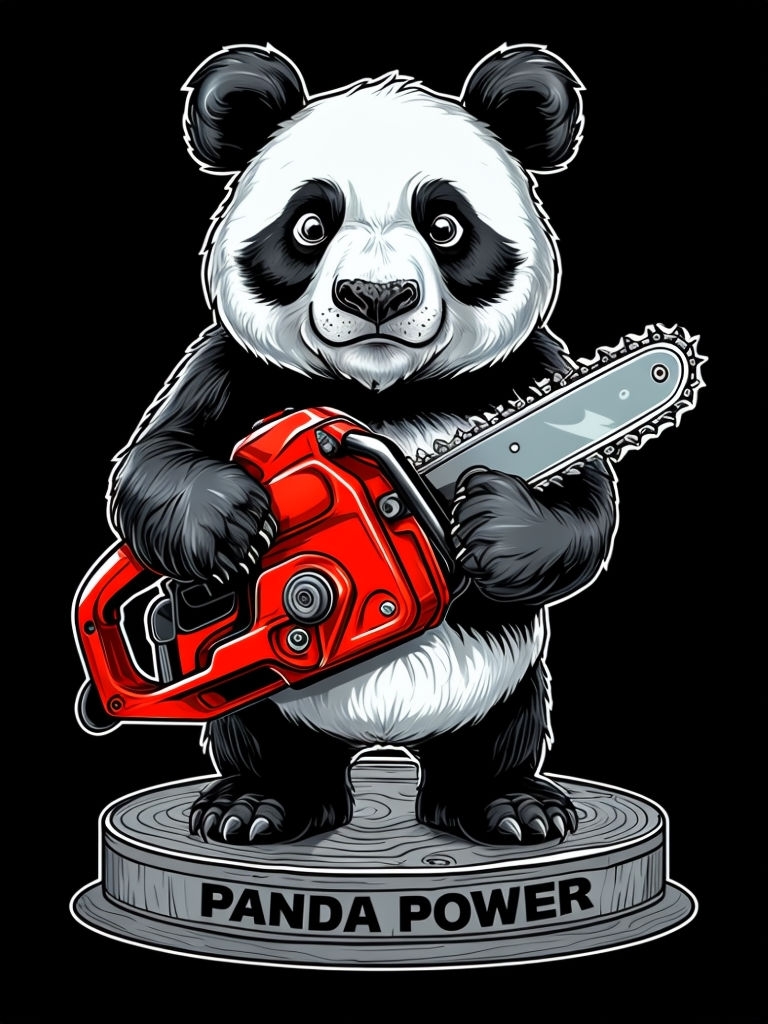 Panda Power with Chainsaw Cartoon T-Shirt