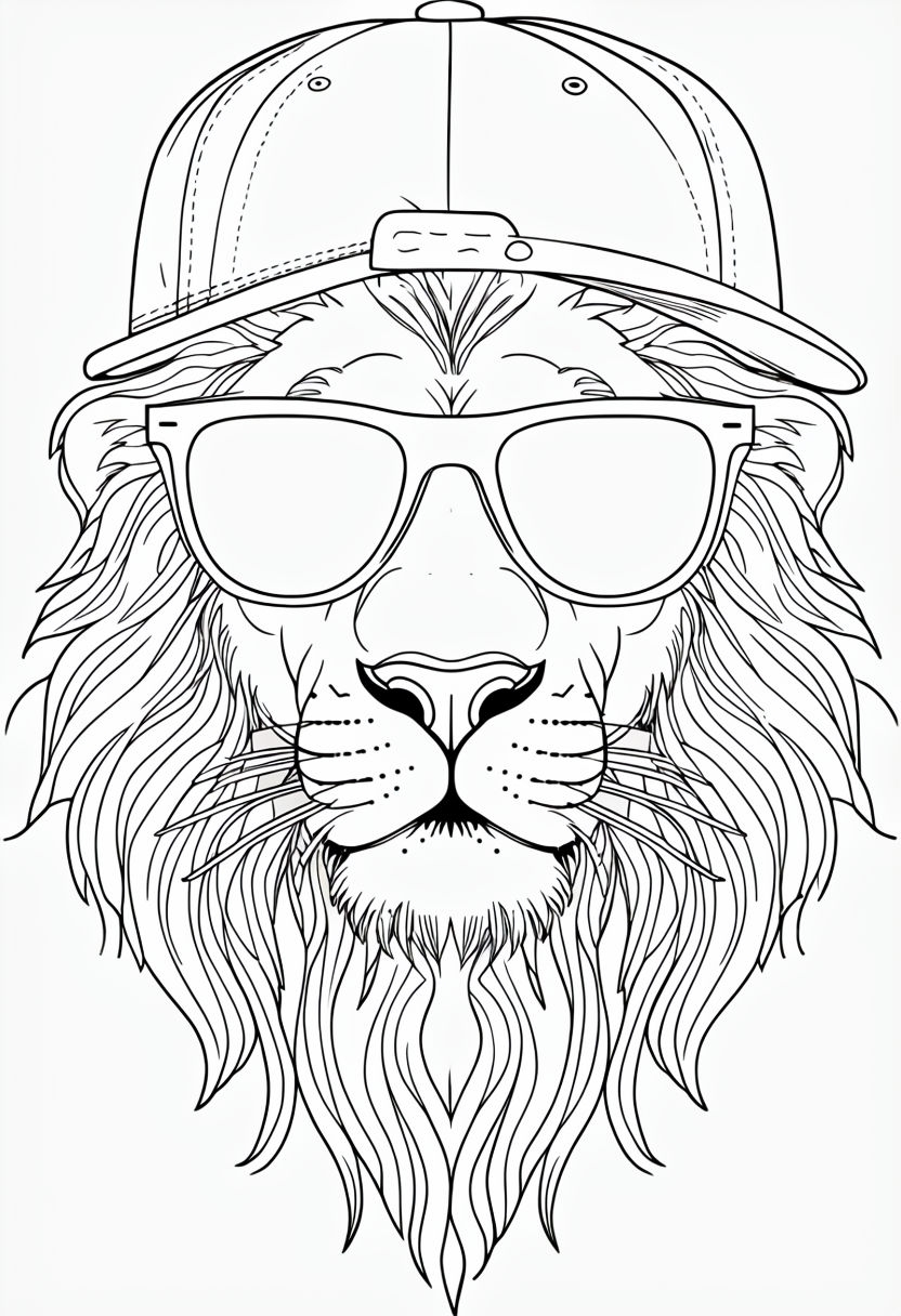 Lion Head with Sunglasses and Cap Illustration for Coloring Book Pages