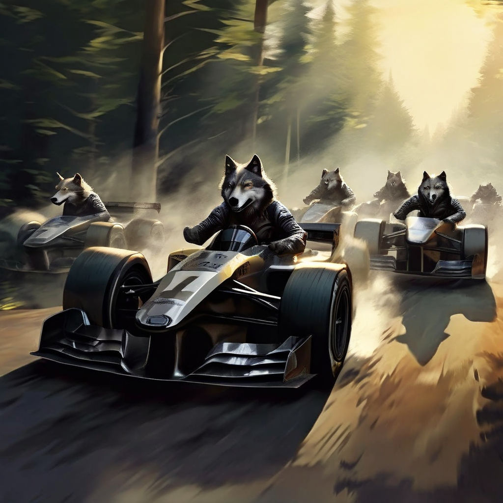 Illustration of a pack of wolves dressed as Formula 1 racing... by ...