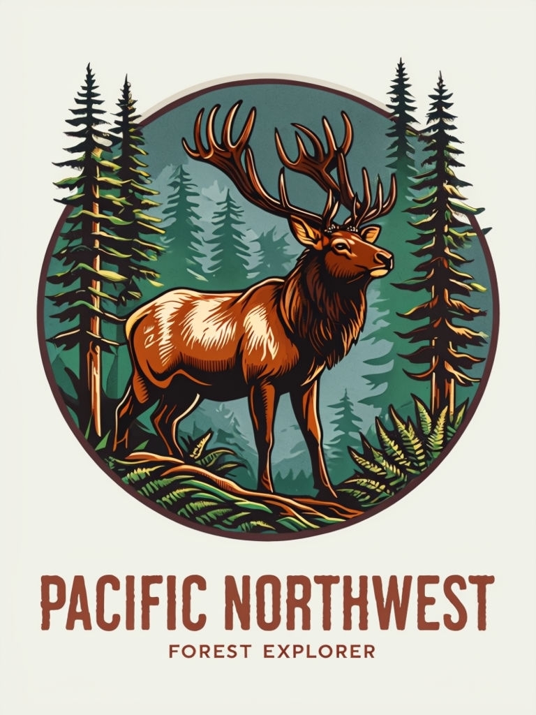 Majestic Elk in Vintage Pacific Northwest Forest T-Shirt