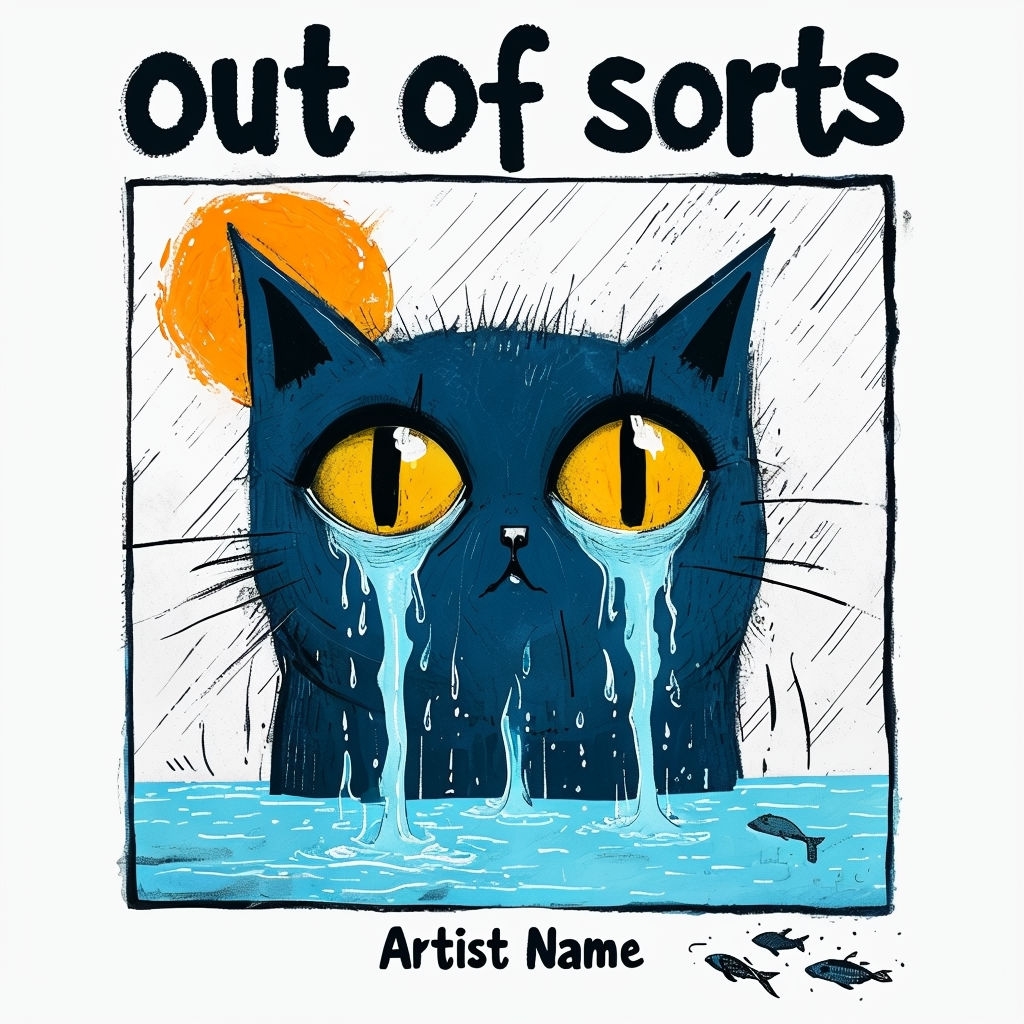 Whimsical Navy Blue Cat Illustration with Tears and Sun Spotify Album Cover