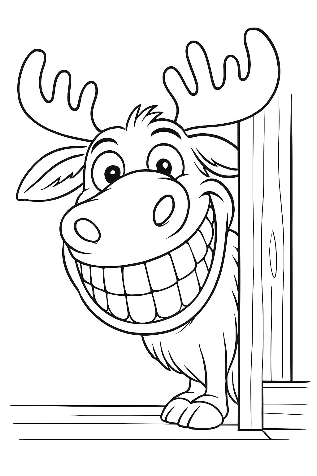 Cheerful Cartoon Elk Peeking Behind Wooden Door Illustration Coloring Book Pages