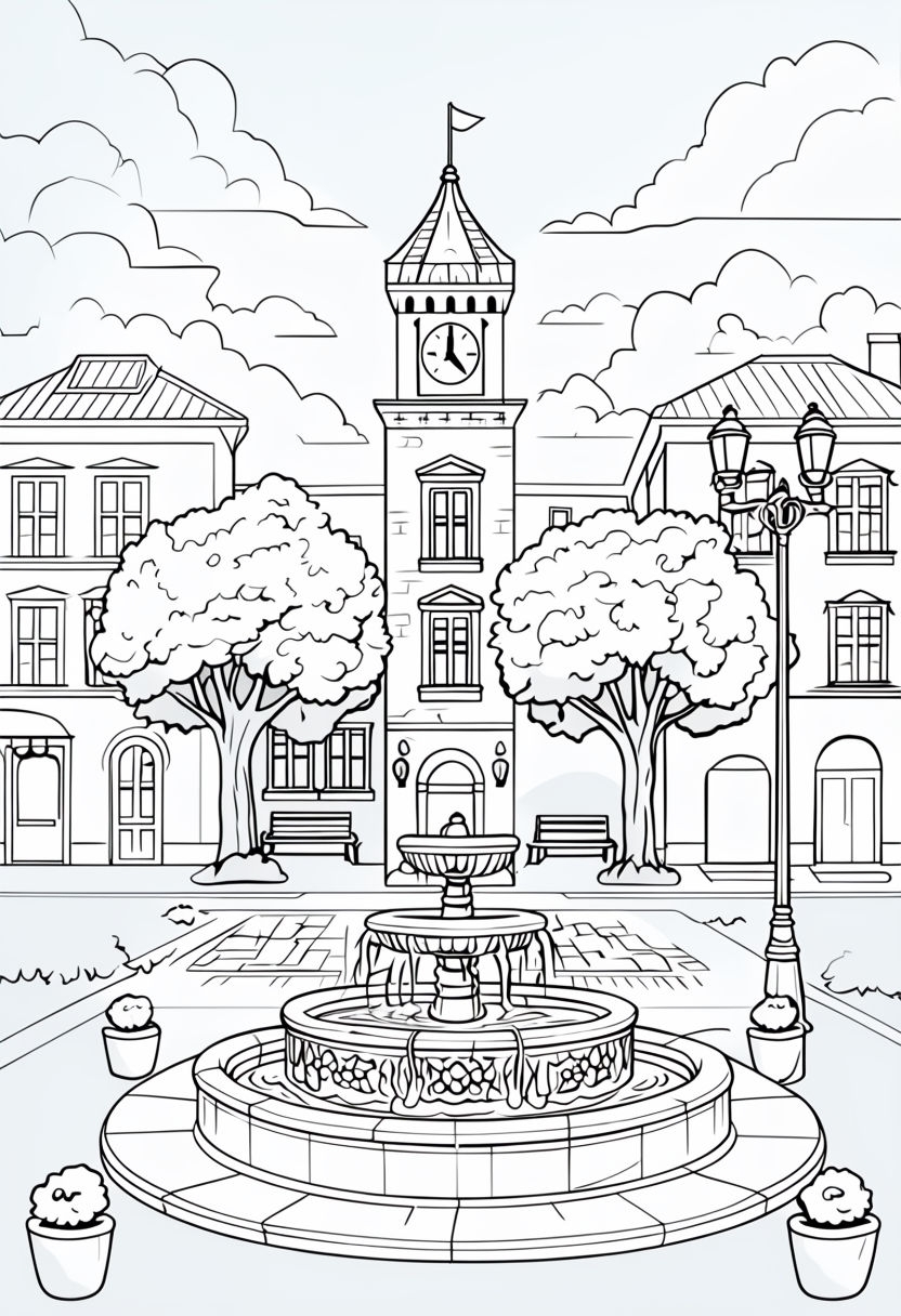 Serene Town Square Black and White Line Art Illustration for Coloring Book Pages
