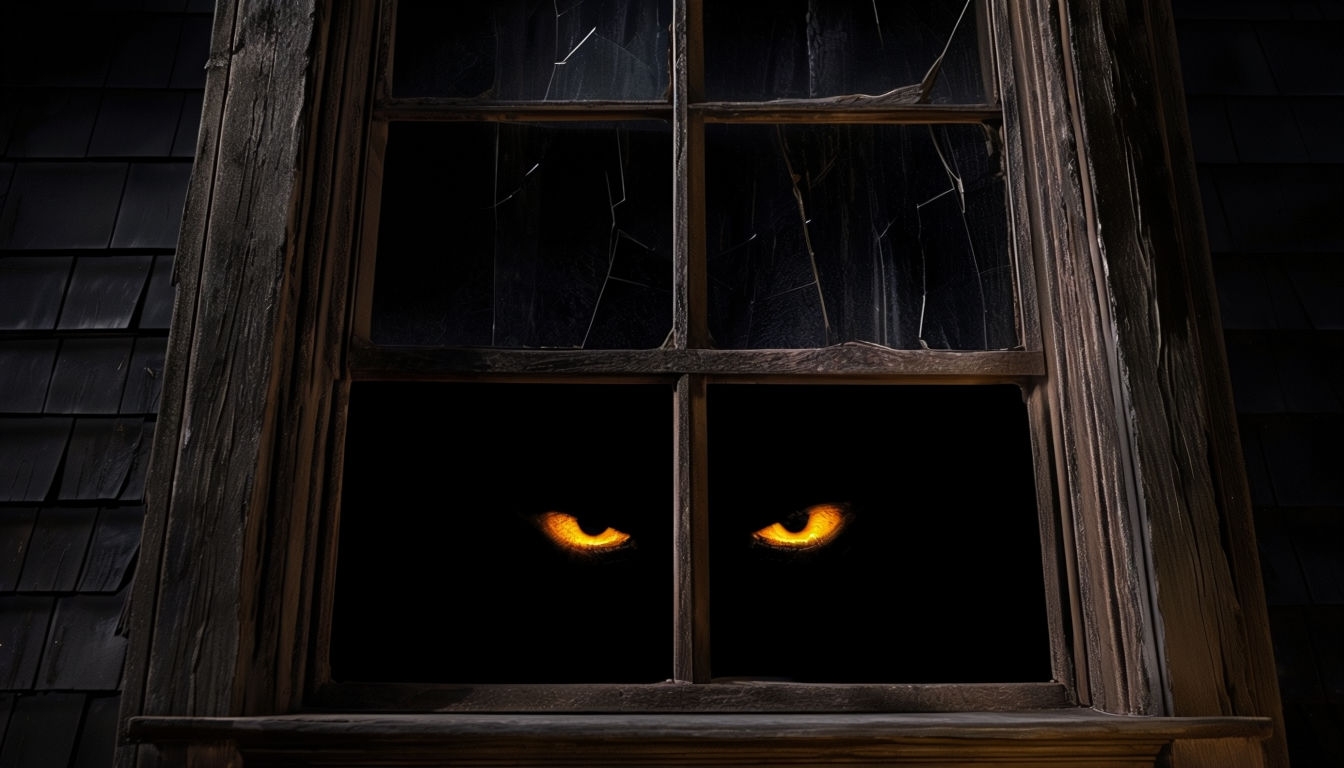 Creepy Gothic House Window with Glowing Eyes Wallpaper Virtual Backgrounds
