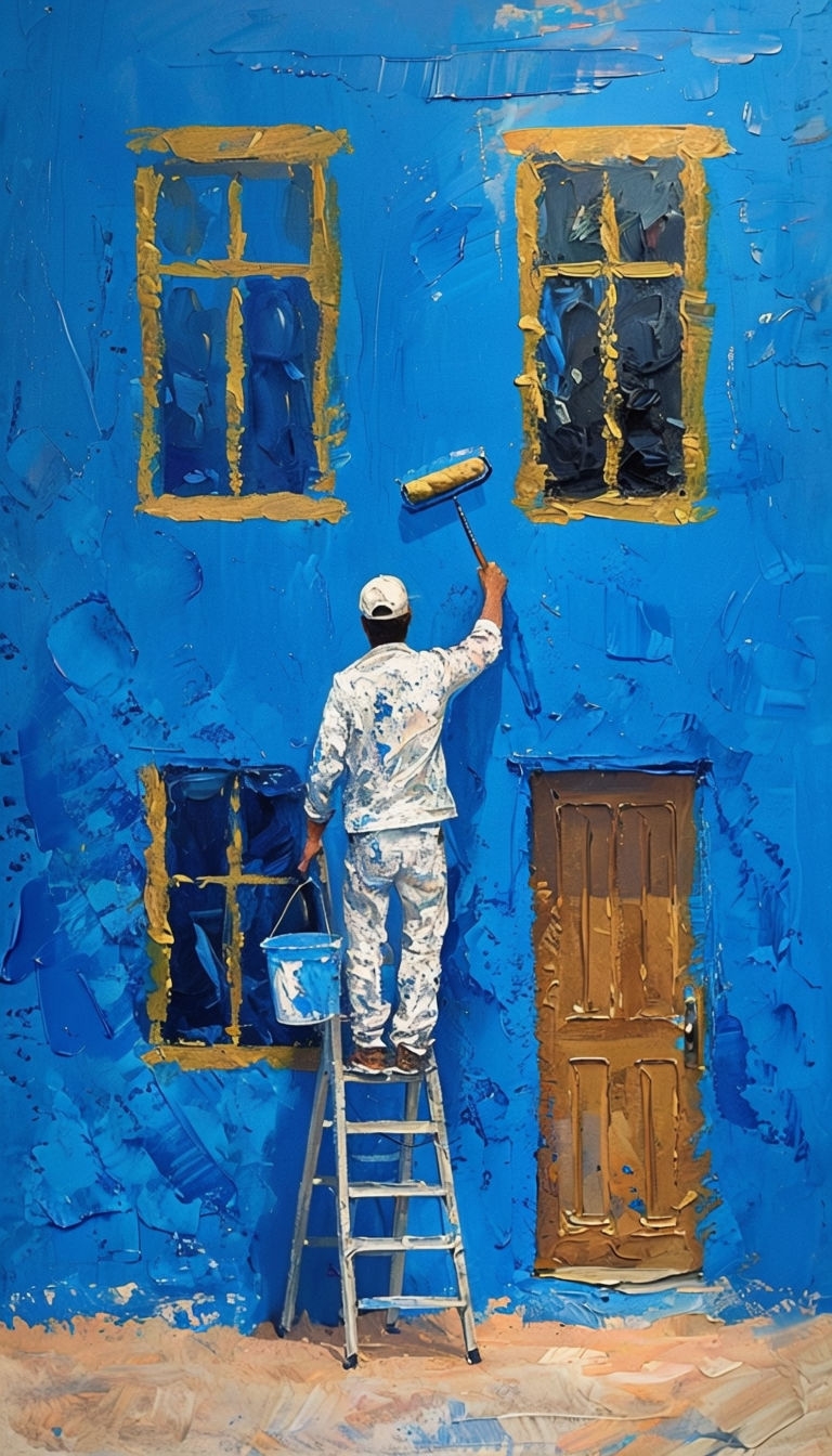 Vibrant Impressionistic Painter Working on Azure Blue Wall Mobile Wallpaper
