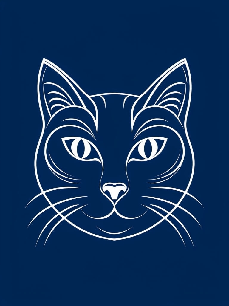 Minimalist Cat Face Line Art Illustration on Navy Background Art