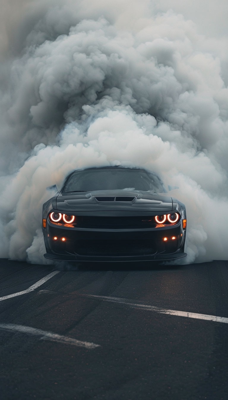 Dramatic Black Sports Car Burnout in Smoke Mobile Wallpaper
