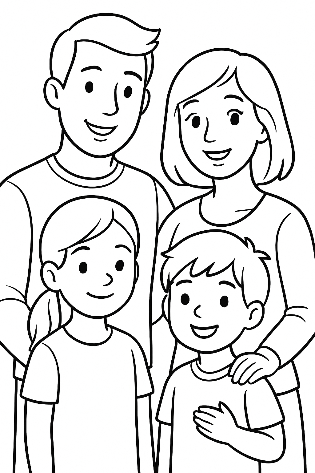 Cheerful Cartoon Family of Four Outlined Illustration Coloring Book Pages