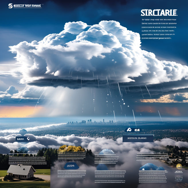 Prompt: Atmospheric stormy skies backdrop for a photorealistic infographic titled "The Science of Hail: How It Forms and Its Impact on Roofs", depicting stages of hail formation from updrafts to ice pellets growing in clouds, hailstones descending toward detailed roofs of metal, asphalt shingles, tile, and wood, illustrating unique textures and points of impact, close-up images of common hail