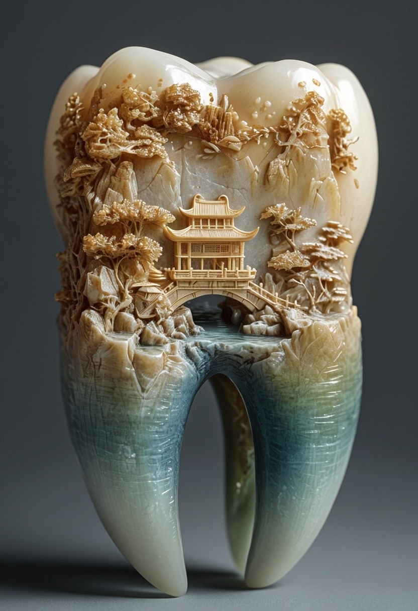 Intricate Carved Molar Tooth with East Asian Landscape Art