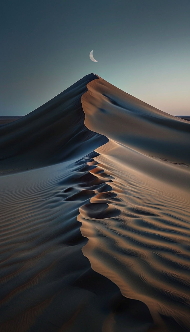 Serene Desert Dune Landscape with Crescent Moon Art