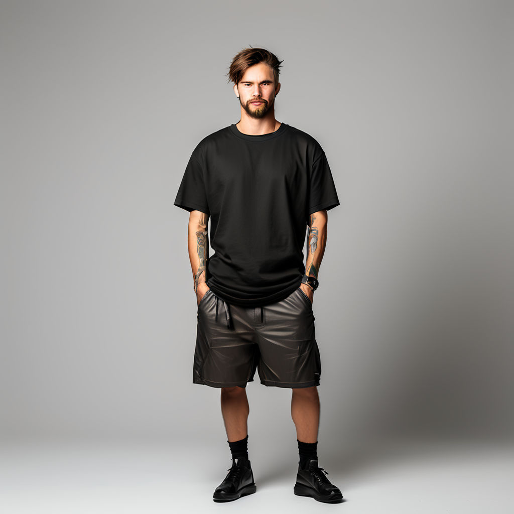 Make a man model wear a black Oversized t-shirt on a white b... by ...