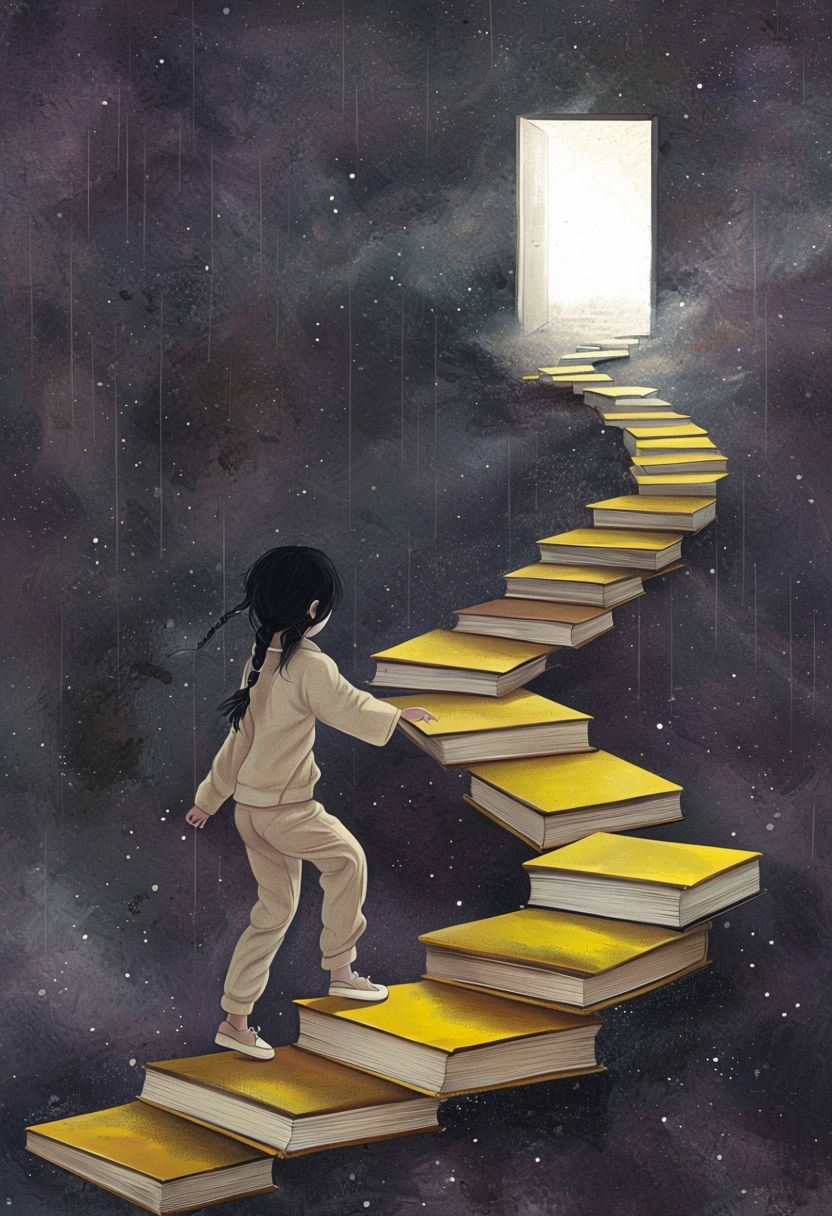 Dreamlike Path of Books Leading to a Cosmic Gateway Art