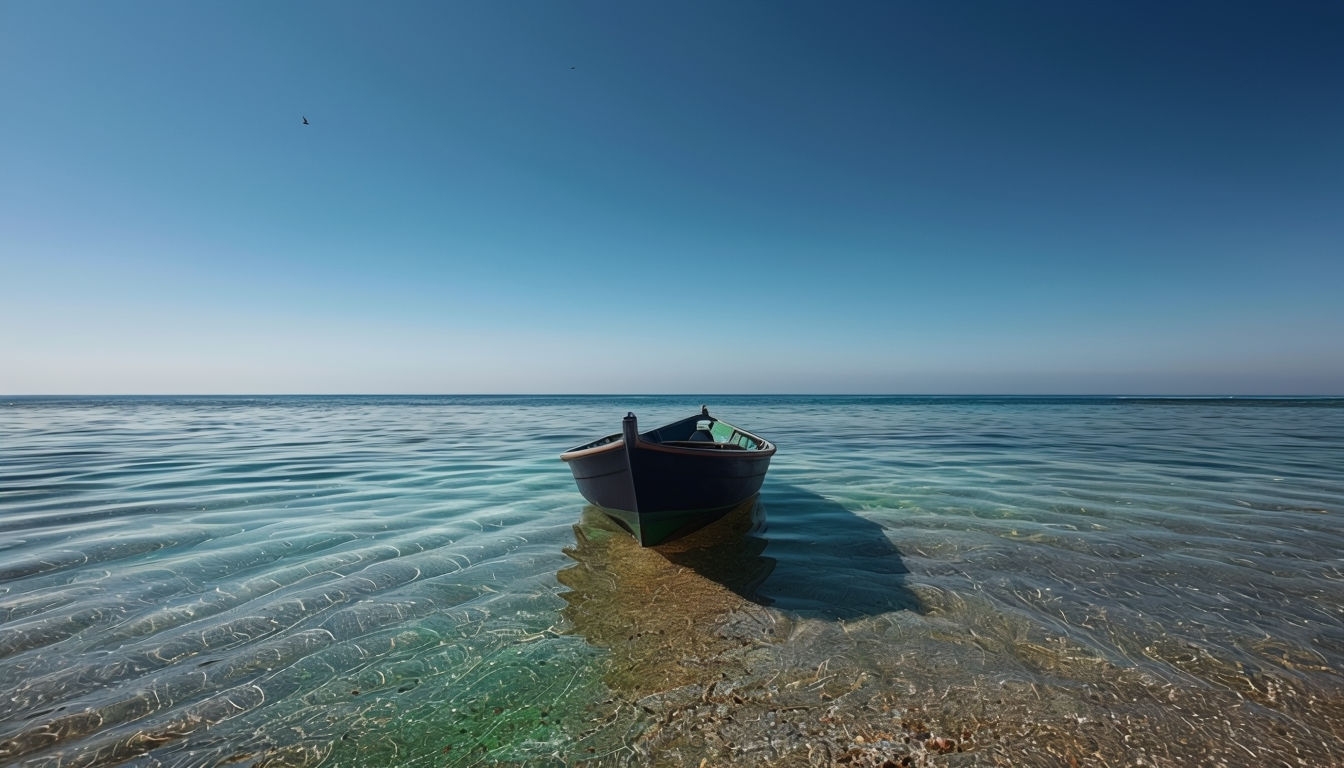 Tranquil Blue Boat Reflection in Serene Seascape Background