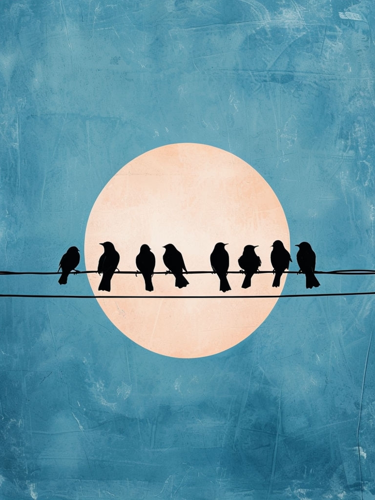 Minimalist Black Birds on Wire Against Sky-Blue Background Poster