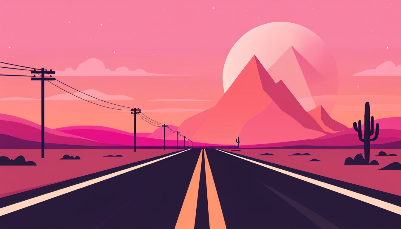Serene Desert Sunset Road with Cactus and Mountains Background