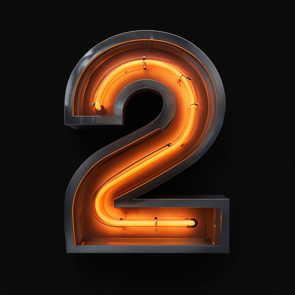 Amber Neon Number Two Sign on Black Background Artwork Monogram