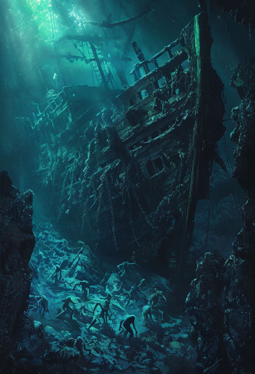 Eerie Underwater Shipwreck Fantasy Art with Ghostly Figures Poster