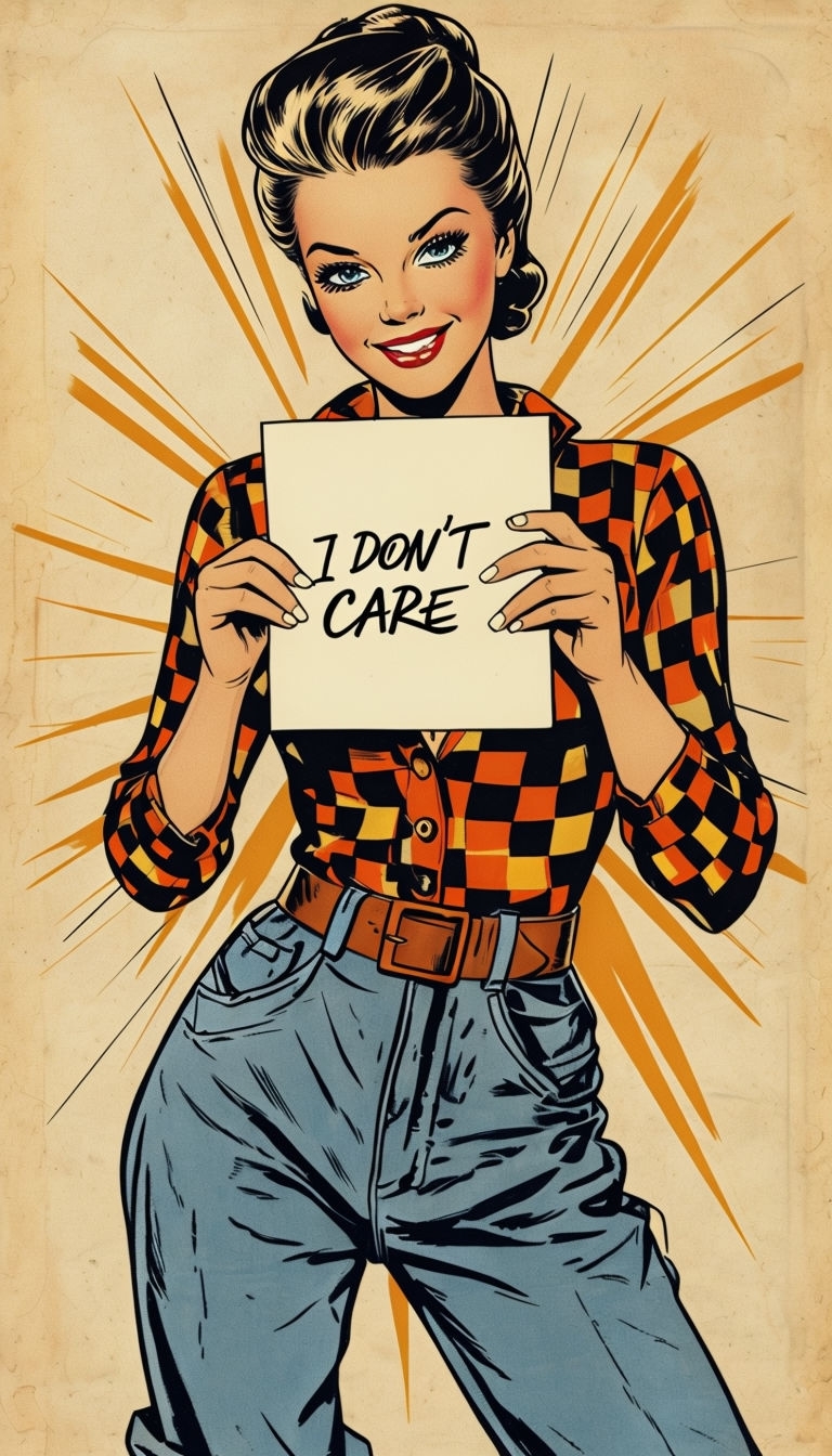 Vintage Comic Style Illustration of Woman with I Don't Care Poster