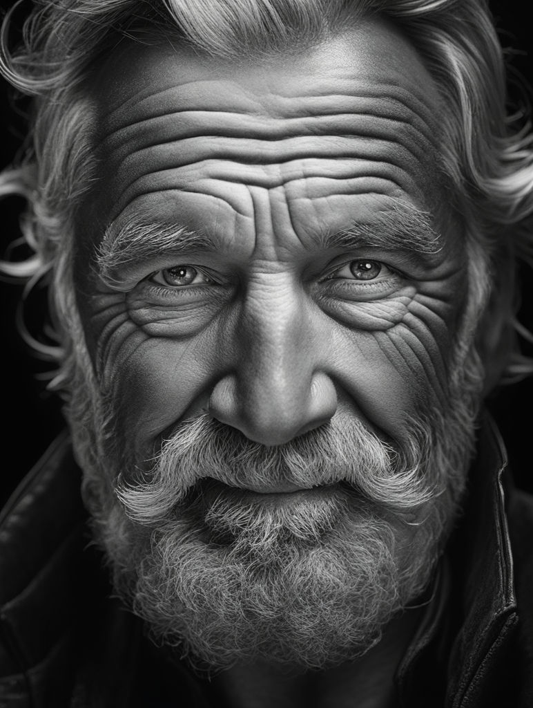 bearded chubby happy hairy old scottish man close up portrait photo by  Helmut Newton