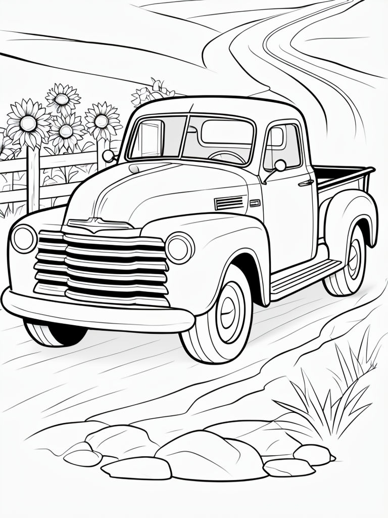 Vintage Pickup Truck Outline Drawing for Coloring Book Pages