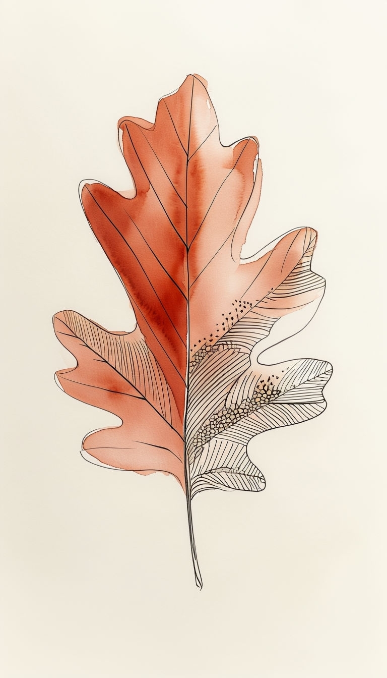 Stylized Oak Leaf with Watercolor Wash and Ink Detailing Mobile Wallpaper