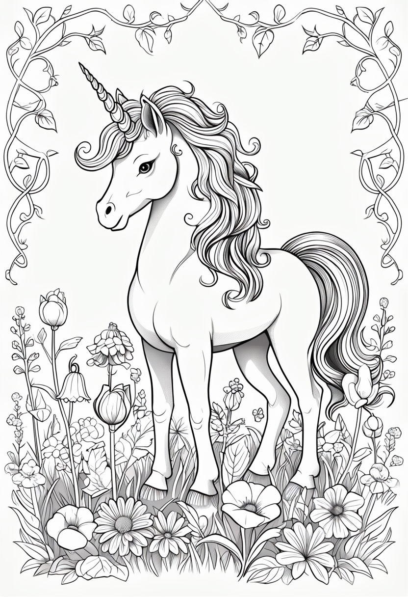 Charming Unicorn Among Flowers Black and White Coloring Page