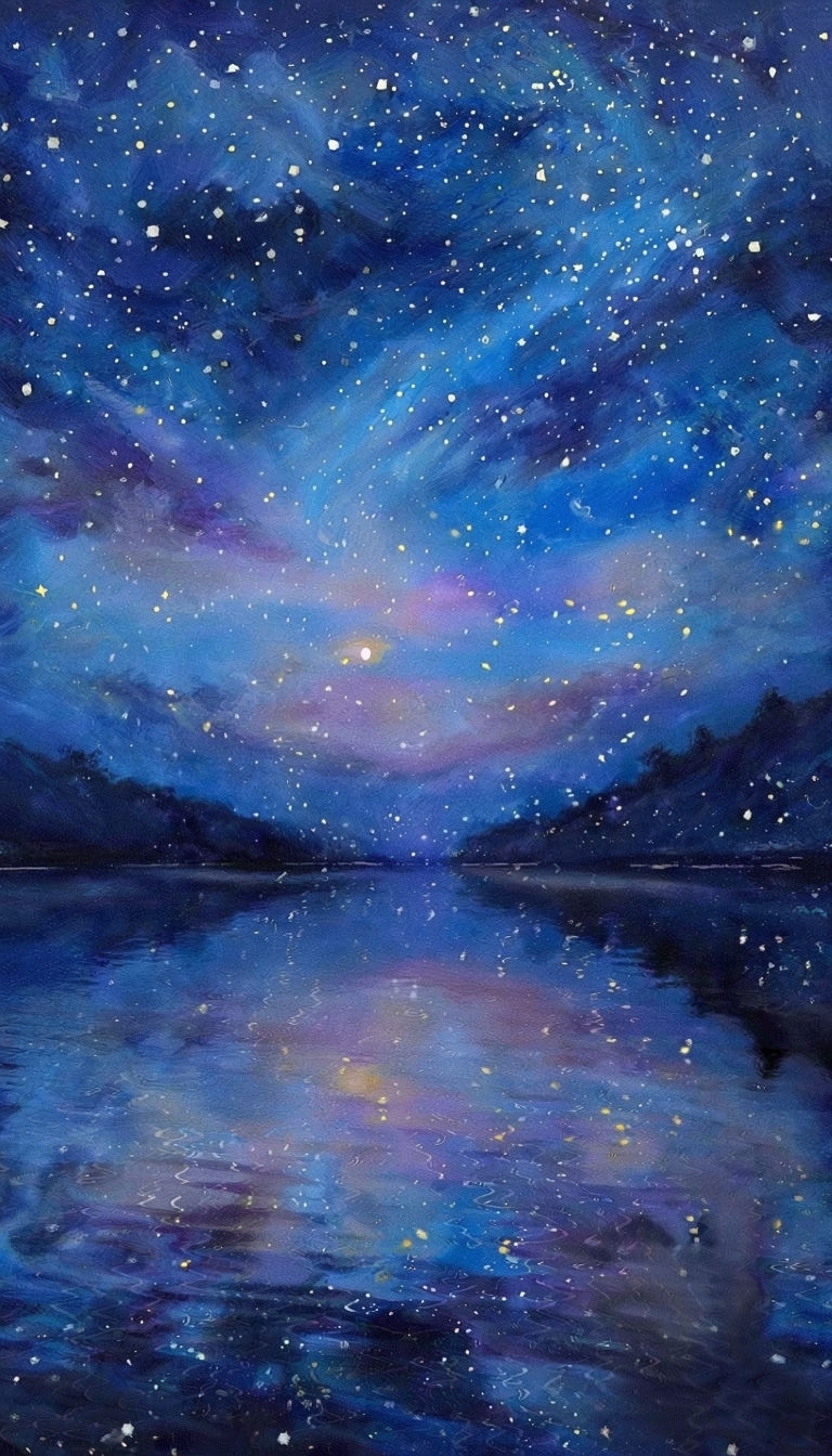 Starry Night Sky Over Lake Reflection Art