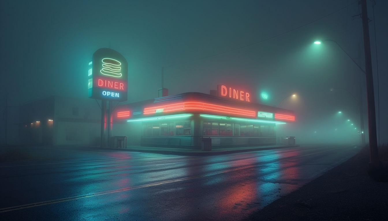 Neon-Lit Classic Diner in Foggy Night Scene Virtual Background