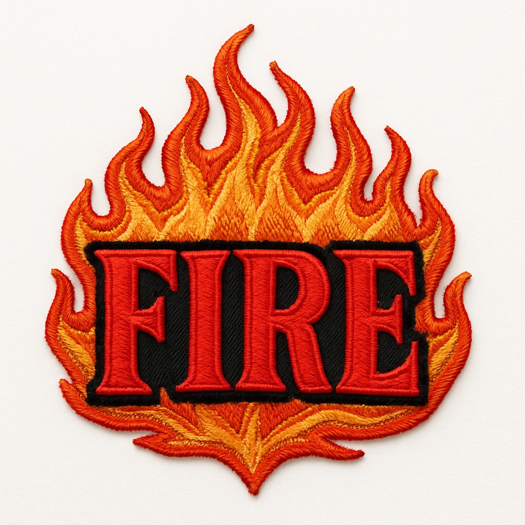 Bold Red FIRE Embroidered Patch Design for Hats
