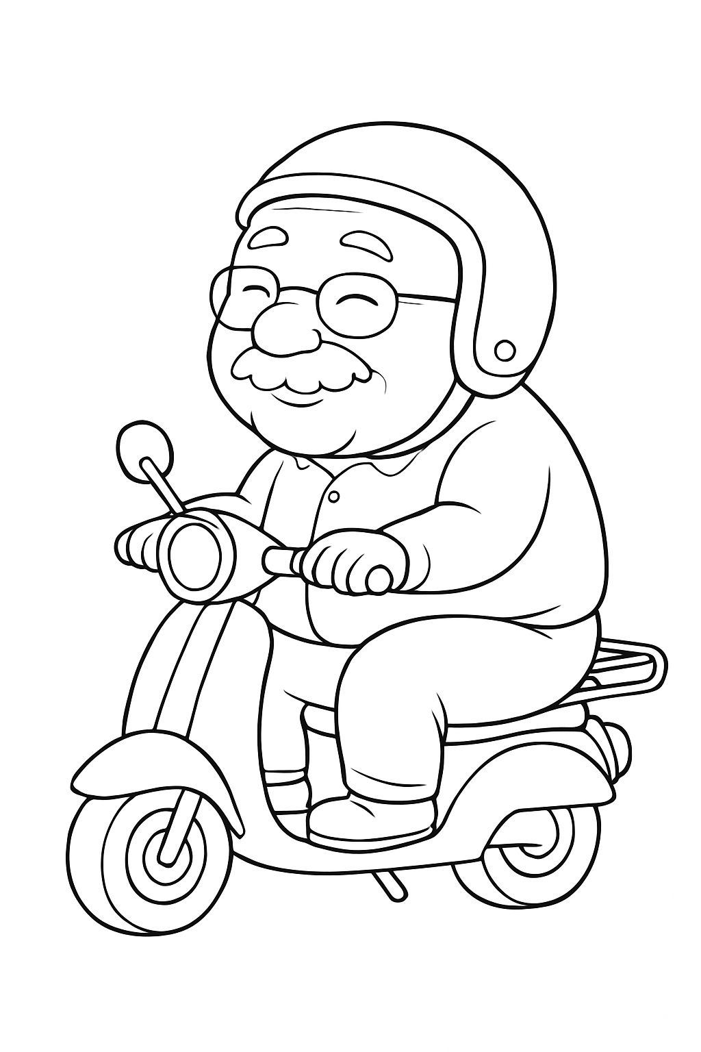 Cheerful Cartoon Elderly Man Riding Scooter Coloring Book Page
