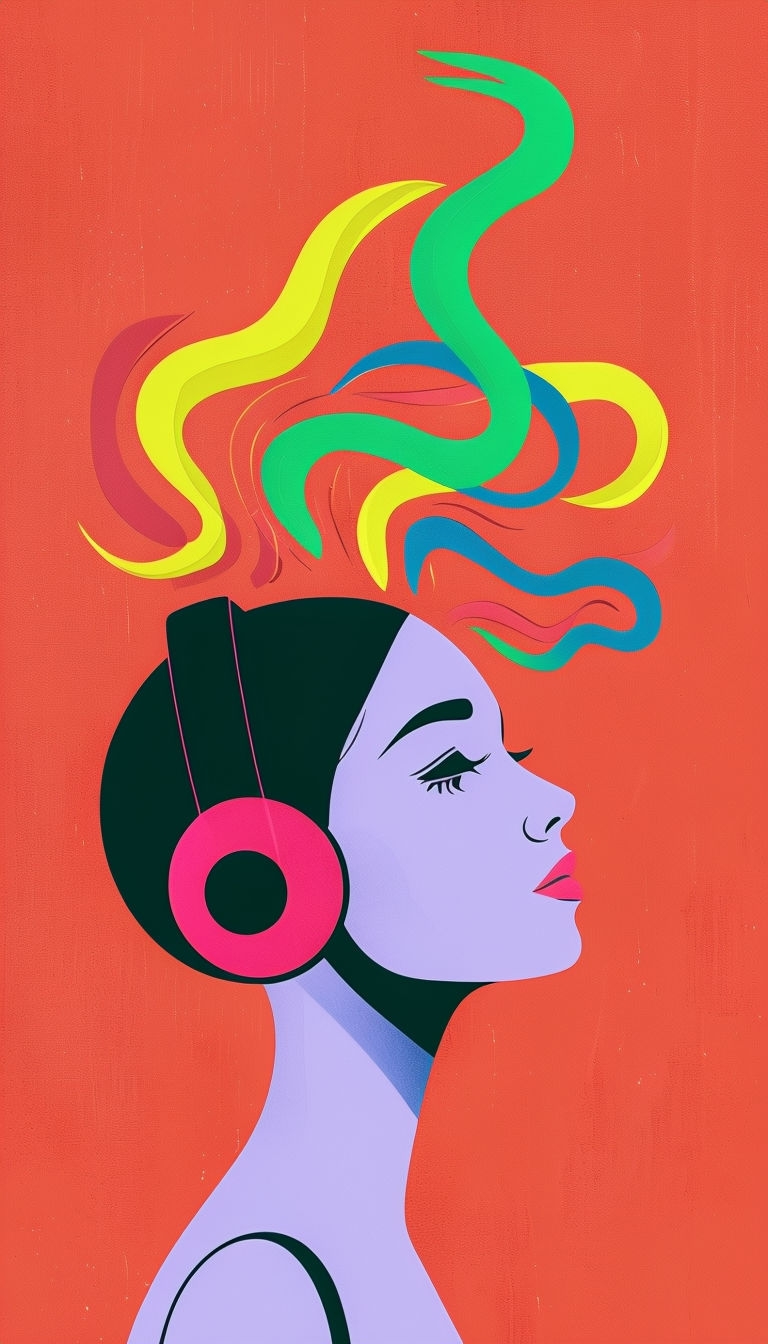Stylized Music Listener with Vibrant Abstract Waves Art