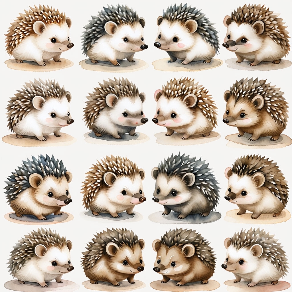 Whimsical Watercolor Hedgehog Grid Pattern for Seamless Patterns