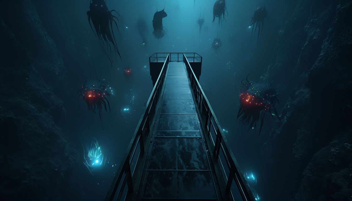 Suspenseful Glass Walkway Over Dark Abyss with Bioluminescent Creatures Virtual Backgrounds