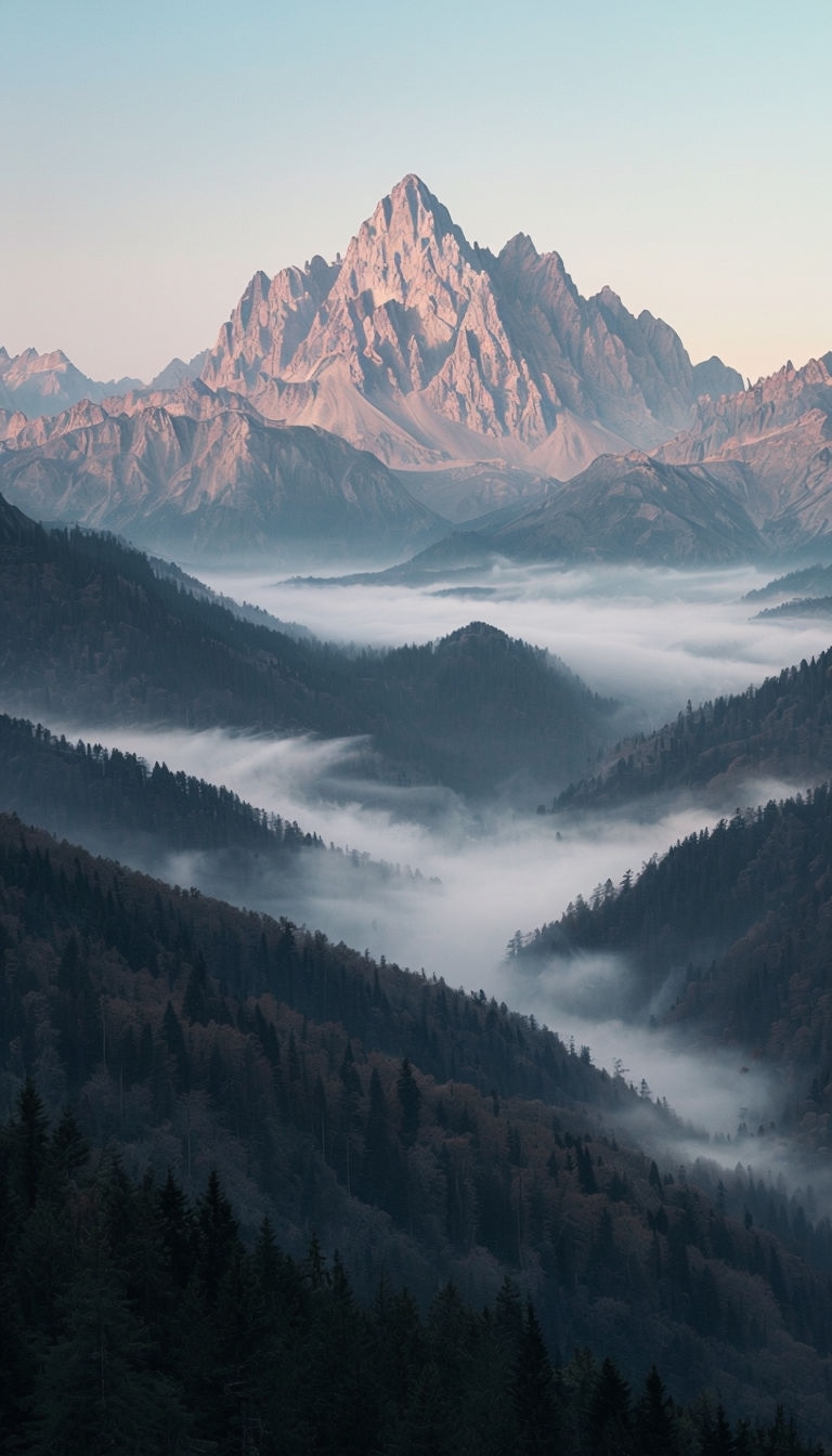 Majestic Mountain Range with Ethereal Fog and Forests Mobile Wallpaper