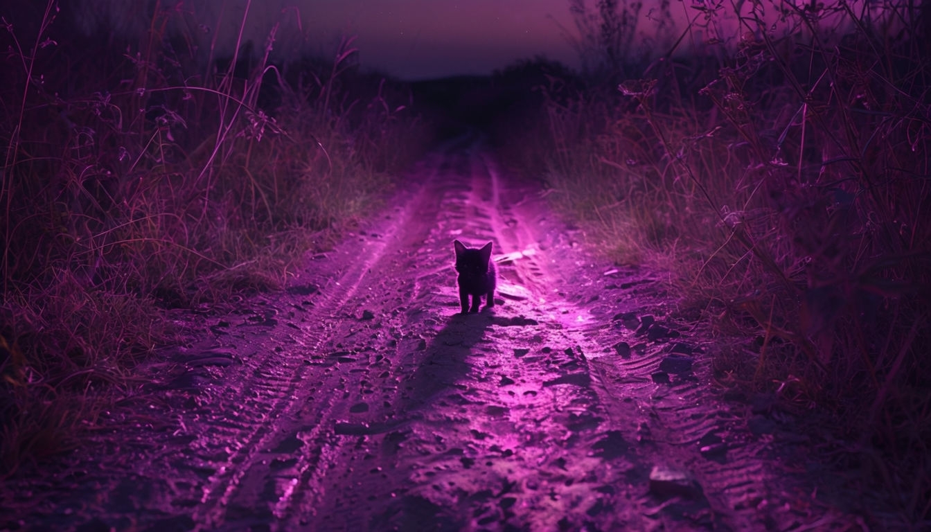 Surreal Neon Pink Kitten on Mysterious Nighttime Road Background