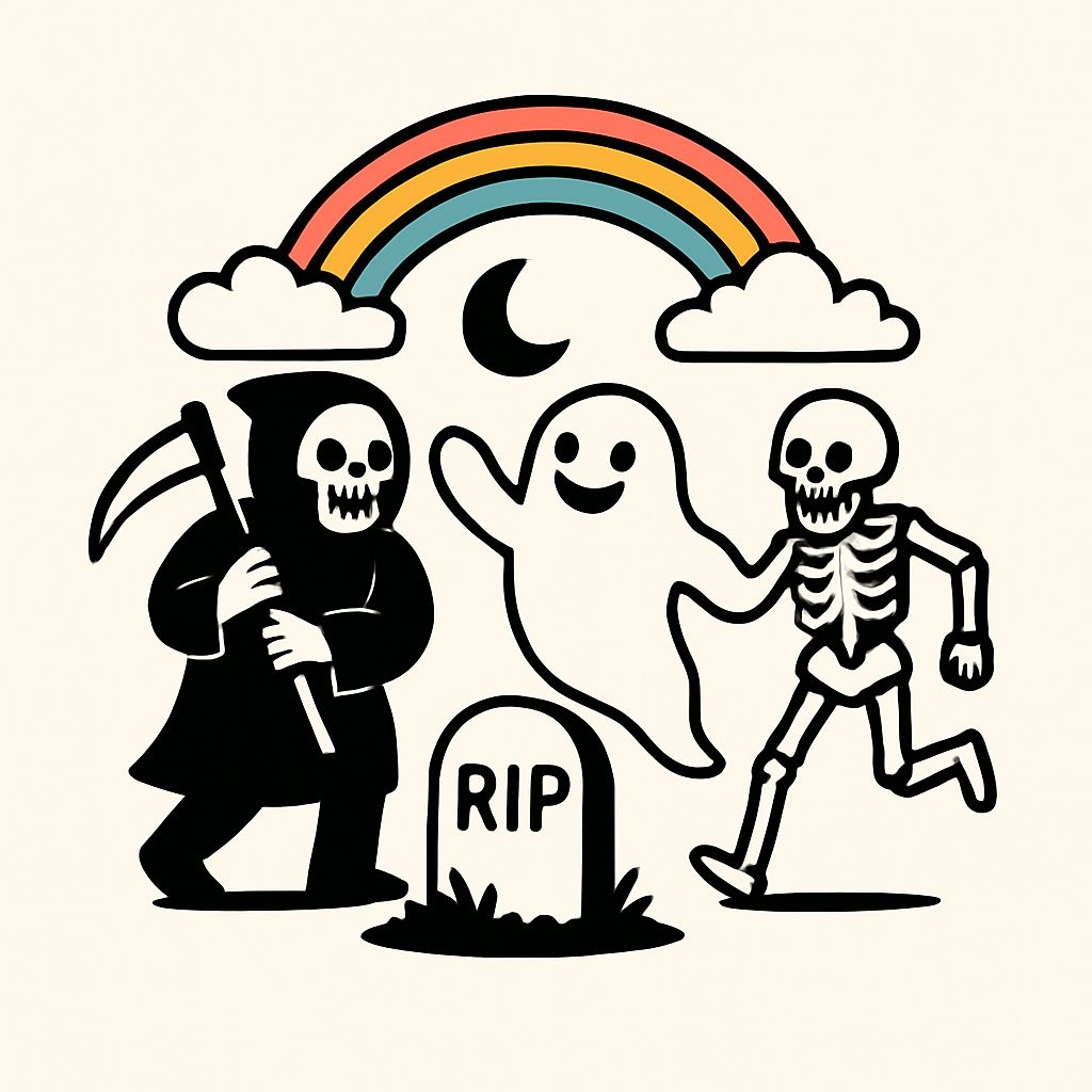 Whimsical Spooky Characters with Rainbow Cartoon Sticker