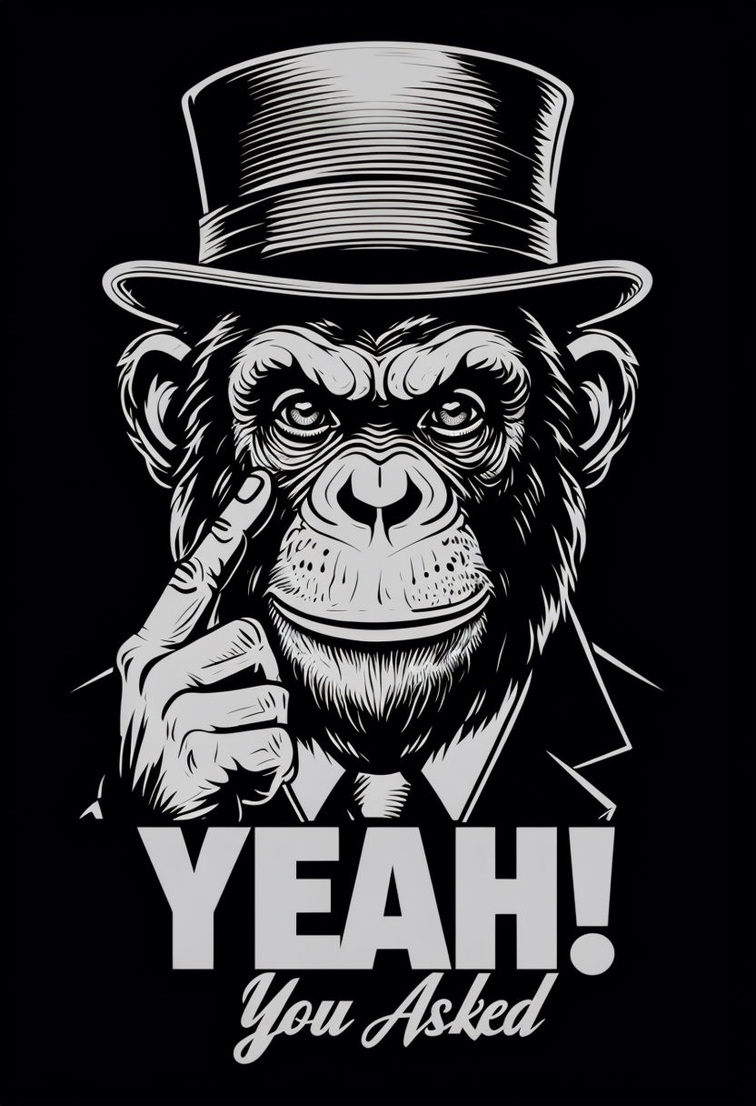 Exaggerated Black and White Chimpanzee Portrait Art Poster
