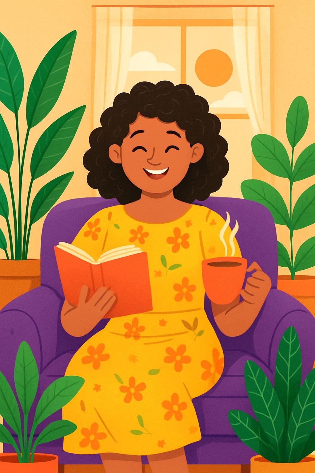 Cheerful Woman Enjoying Coffee in Cozy Cartoon Illustration Art