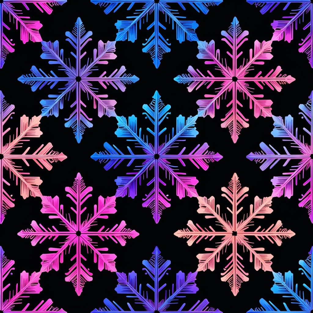 Vibrant Neon Snowflakes Seamless Pattern on Black Background