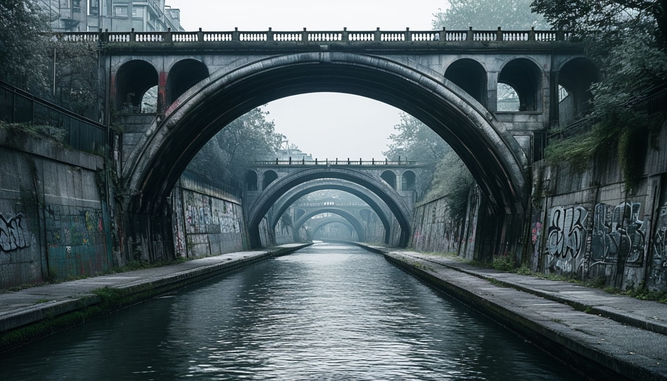 Urban Canal Scene with Architectural Arches Virtual Background