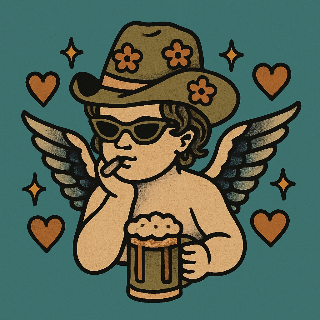 Whimsical Vintage Tattoo Angel with Cowboy Hat T-Shirt