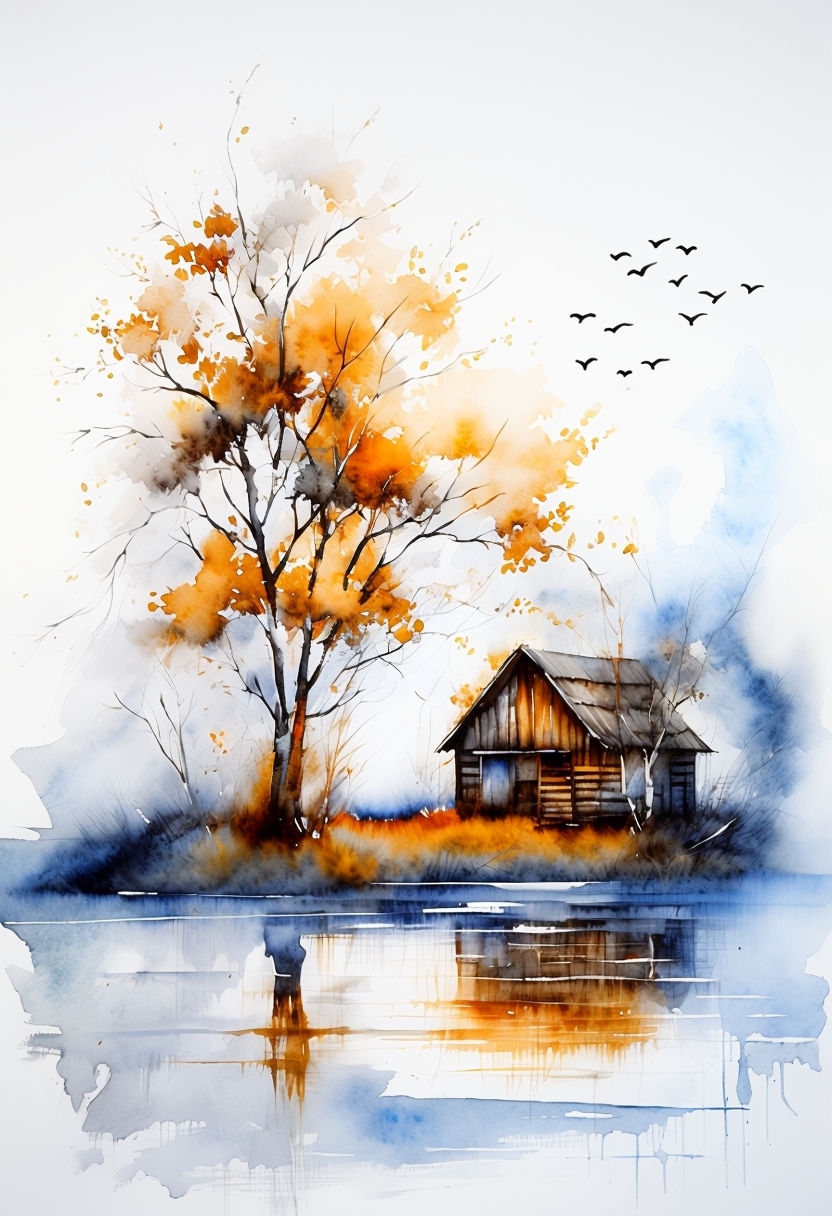 Serene Watercolor Landscape with Tree and Cabin Art
