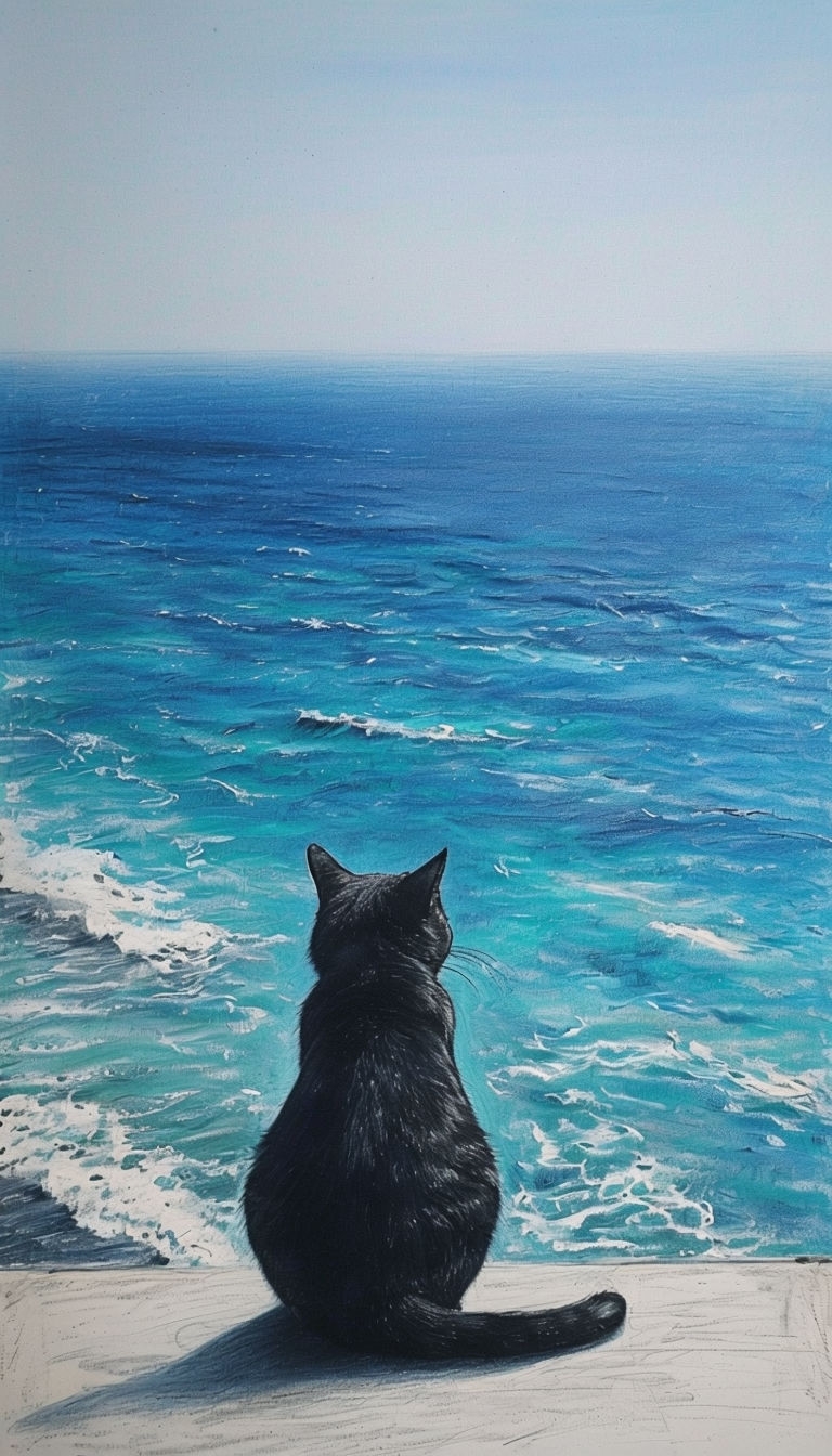 Black Cat Sketch Against Calm Blue Ocean Scene Phone Case Cover