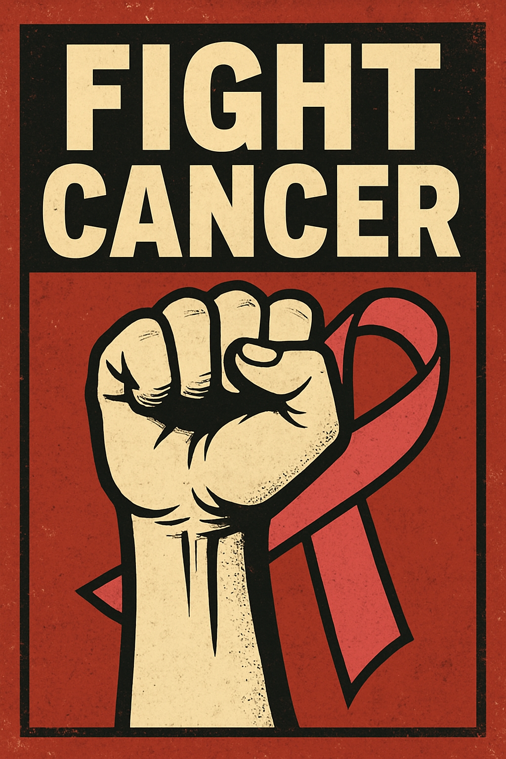 Vintage Fight Cancer Awareness Poster with Raised Fist and Ribbon