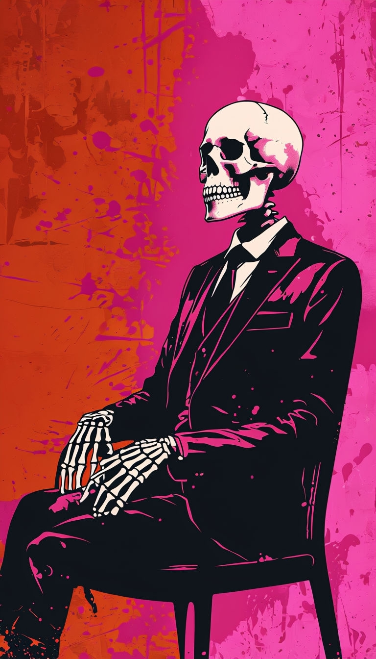 Edgy Skeletal Figure in Formal Suit on Colorful Background Mobile Wallpaper