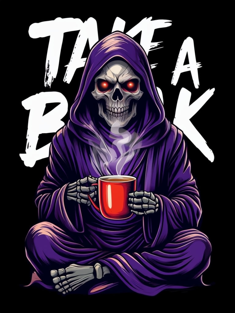 Eerie Skeletal Figure with Coffee and 'Take a Break' Text Poster