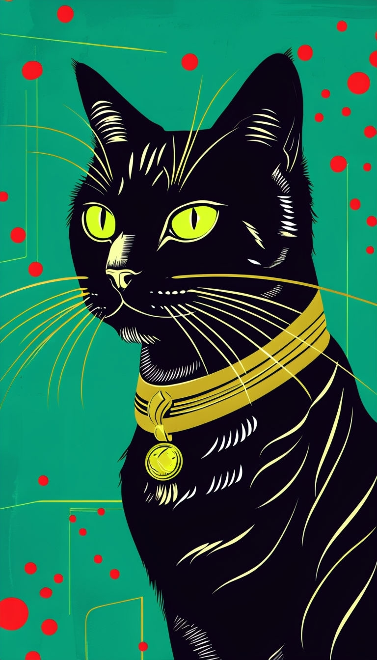 Stylized Black Cat with Yellow Eyes Graphic Mobile Wallpaper